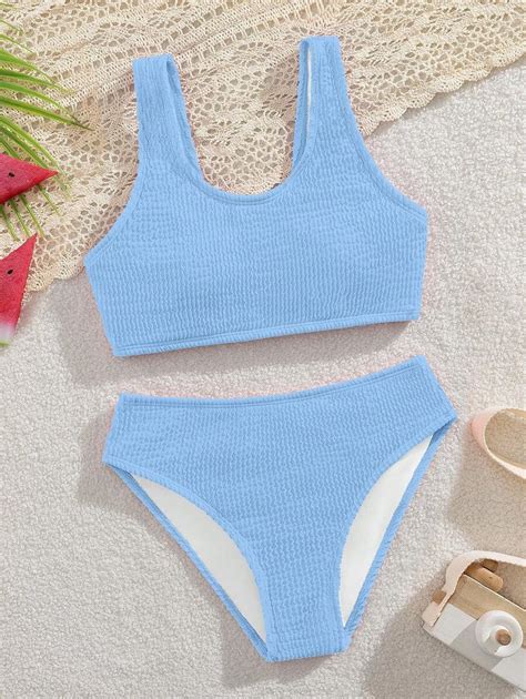 Tween Girls Modest Bikini Set Fashionable Wave Textured Knit Fabric Swimsuit For Vacation