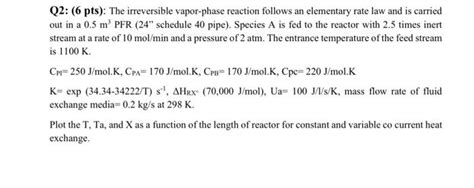 Solved Q2 6 Pts The Irreversible Vapor Phase Reaction