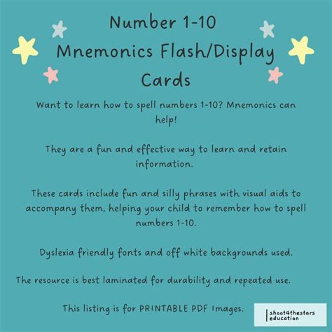 Mnemonics Flash Cards With Visual Aids For Spelling Numbers