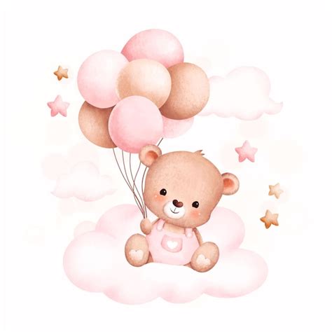 Ilustraci N De Acuarela Lindo Beb Oso Y Globos Sentados En La Nube