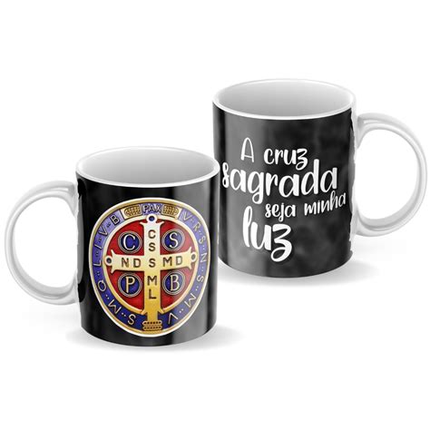 Caneca São Bento Medalha Cruz Sagrada Religiosa Católica Porcelana