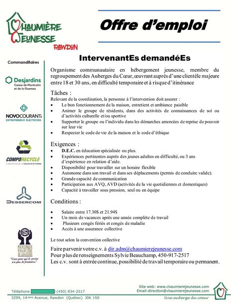 Offres d emploi Chaumière Jeunesse