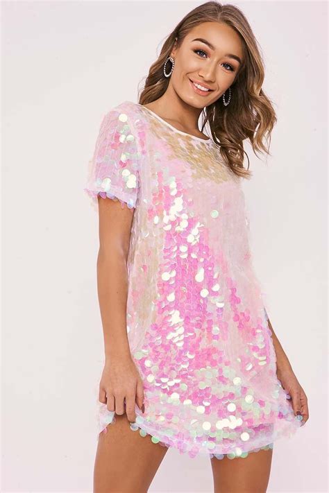 DARCELL WHITE IRIDESCENT SEQUIN T SHIRT DRESS Casual Dresses Dress