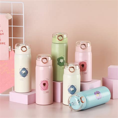 Jual Tumbler Termos Mini Motif Flower Dengan Sedotan Vacuum Cup Hot Cool Ml Stainless