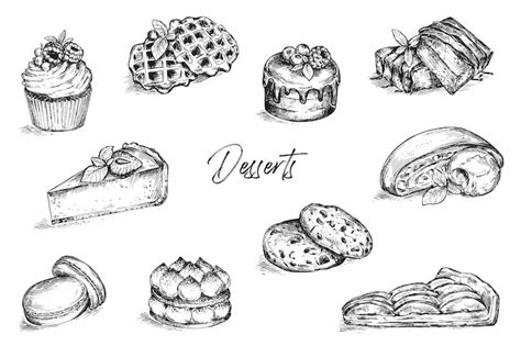 Premium Vector | Set of vector hand drawn desserts in sketch style