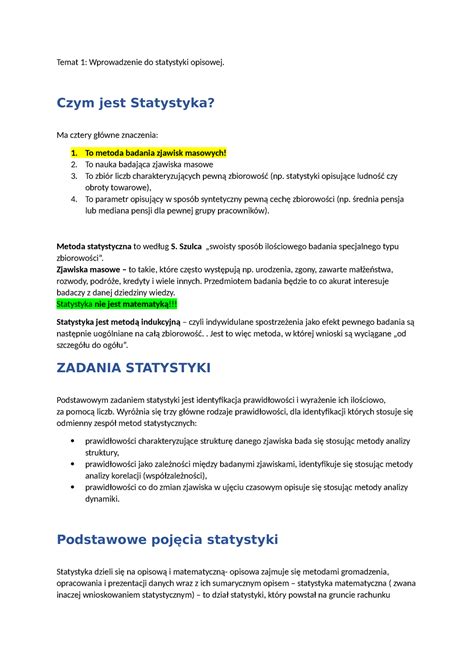 Statystyka Notatki Temat 1 Wprowadzenie Do Statystyki Opisowej Czym