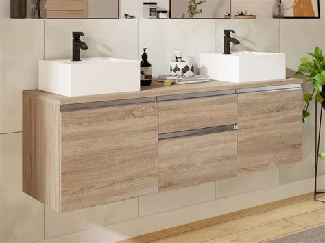 Mobile Per Bagno Sospeso Con Doppio Lavabo Naturale Chiaro Cm Jimena