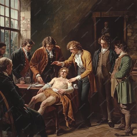 A group of men in 18th century clothing stand around a man lying on a