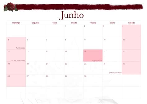 Calendario Mensal 2022 Floral Marsala Junho Fazendo A Nossa Festa