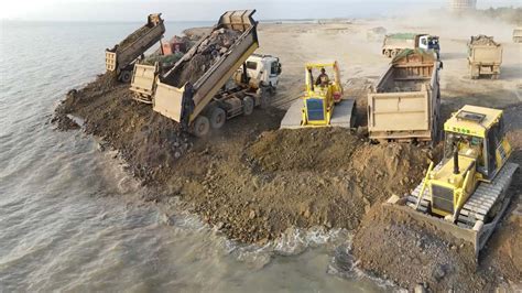 Wonderful Operator Bulldozers Skillfully Process Building Beach