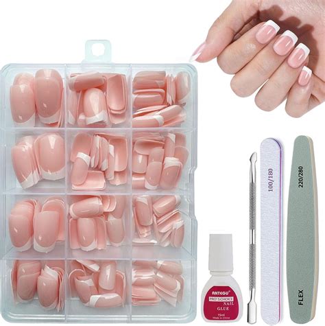French Tip False Nails Pcs Short Square Press On Nails Nude French Fake Nails Full Cover