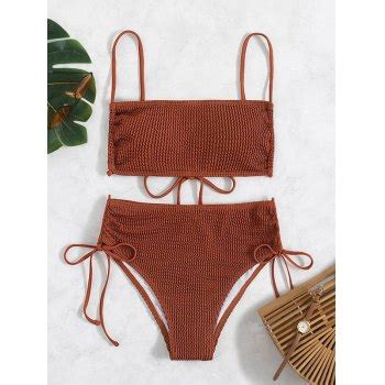 Emmiol Free Shipping 2026 Lace Up Shirred Bikini Set Brown L In Bikini