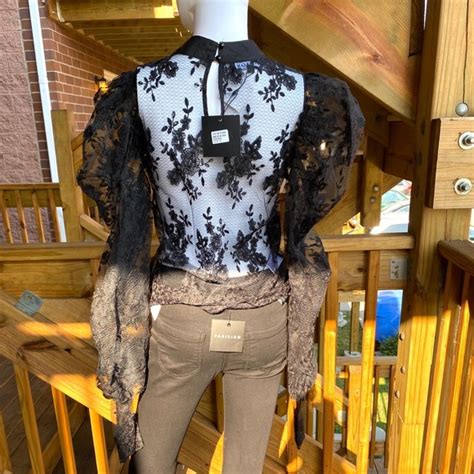 Tops Black Lace Long Puff Sleeve Pussy Bow Tie Blouse Poshmark