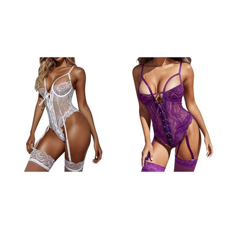 2 Pack Women Fashion Lace Up Front Floral Lace Garter Teddy Bodysuit Red Lace Lingerie Bodysuit