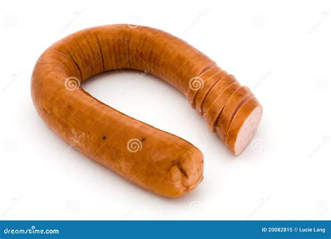 Geschnittene Geräucherte Wurst über Weiß Stockbild Bild von