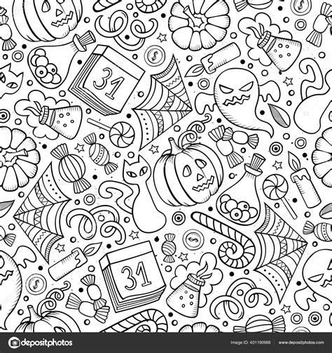 Cartoon Cute Hand Drawn Halloween Seamless Pattern Line Art Detailed