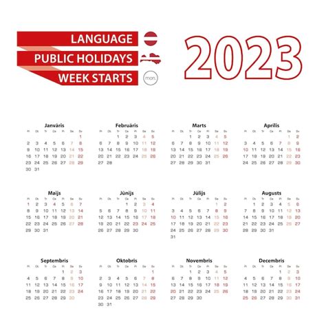 Premium Vector Calendar 2023 In Latvian Language With Public Holidays