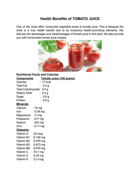 Solution Health Benefits Of Tomato Juice Studypool