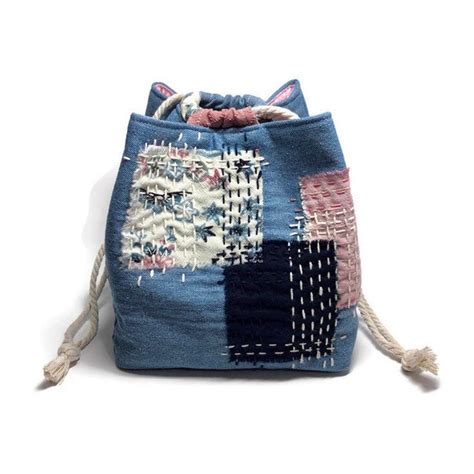 Komebukuro Japanese Drawstring Bag With Boro Sashiko Hand Embroidery