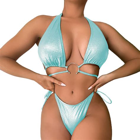 RUTAYY Swimwear New Hawaii Circular Blue Glitter Fabric Bikini Strap Women S Swimsuit Boho Swim
