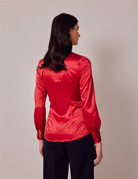Women S Red Fitted Luxury Satin Blouse Pussy Bow