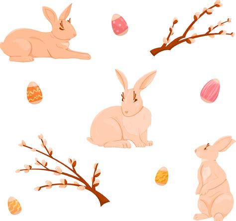 Set Of Easter Elements To Form Pattern With Bunny Eggs And Branches Of Pussy Willow Hand Drawn