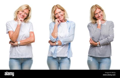 Collage Of Beautiful Middle Age Blonde Woman Over White Isolated Backgroud Looking Confident At