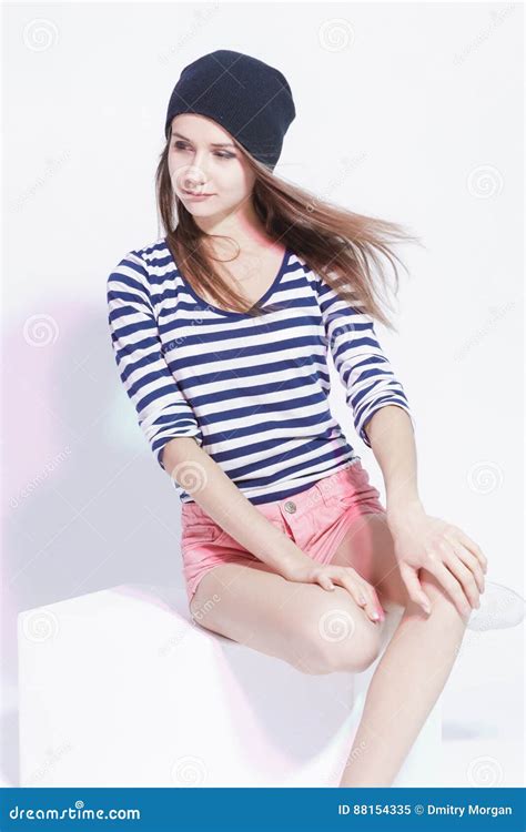 Stylish Smiling Caucasian Slim Brunette Stock Image Image Of Mood Modern