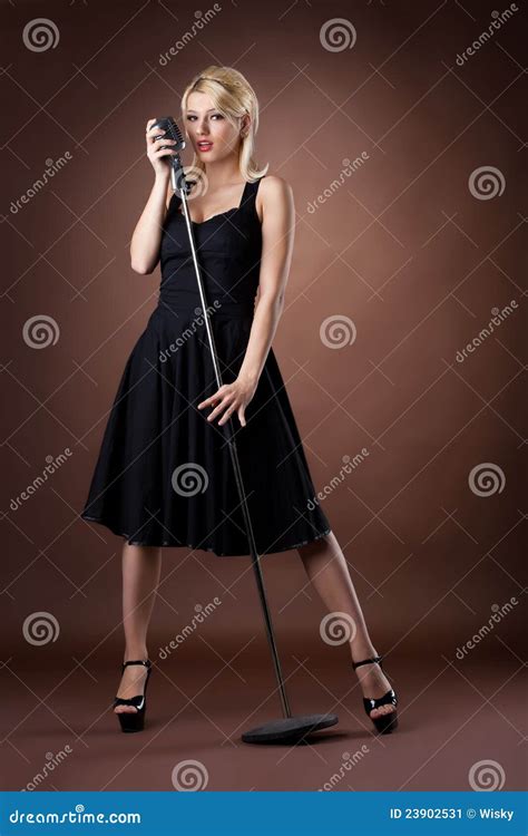 Woman Pin Up Portrait In Black With Microphone Stock Image Image Of