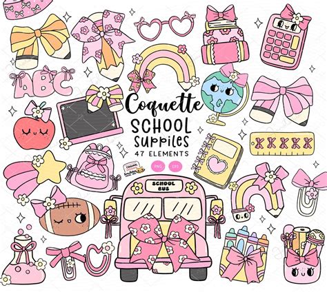 Coquette School Png Girly School Supplies Clipart Set Pink Coquette