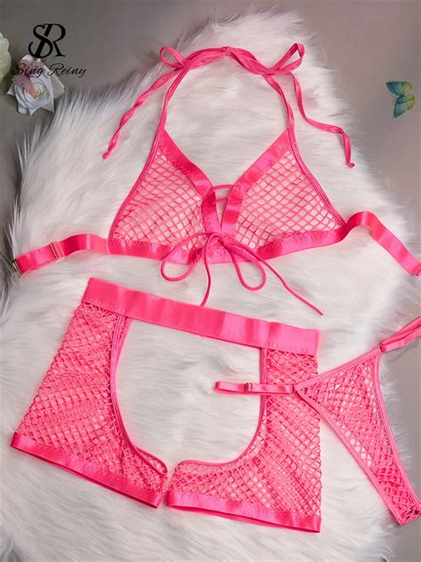 SINGREINY Mesh Sheer Halter Amatory Underwear Sets Lace Up Bodycon Lingerie Women Erotic