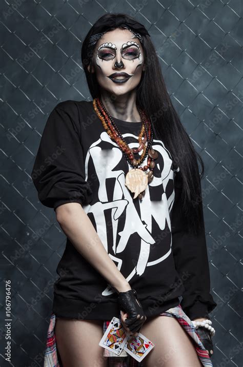 Halloween Make Up Sugar Skull Beautiful Sexy Brunette Model Stock Photo Adobe Stock