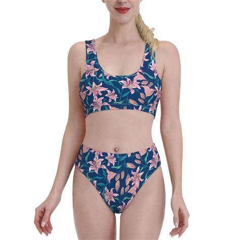 High Waisted Bikini Sets For Women Blue Leaves Lilies Flowers 2 Piece Sporty Bathing Suit Swim