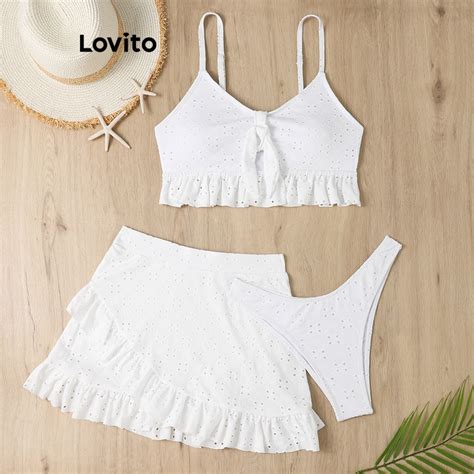 Lovito Casual Plain Lace Up Bikini Set Piece Swimwear For Women