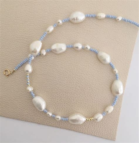 Light Blue Seed Bead Pearl Necklace Gold Filled Pearl Etsy Beaded