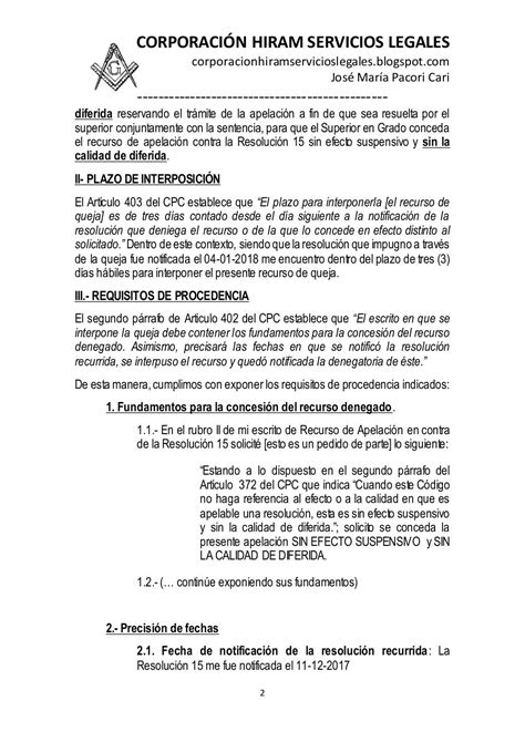 Modelo De Recurso Impugnatorio De Queja En Proceso Judicial Autor Jo