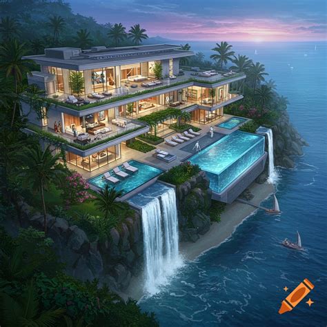 A Large Modern Mansion Sits On A Tropical Cliff With Infinity Pools