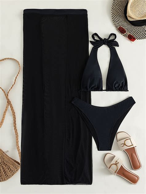 Shein Swim Chicsea Conjunto De Bikini Unicolor Sujetador Halter Y Panty De Ba O Y Falda Para