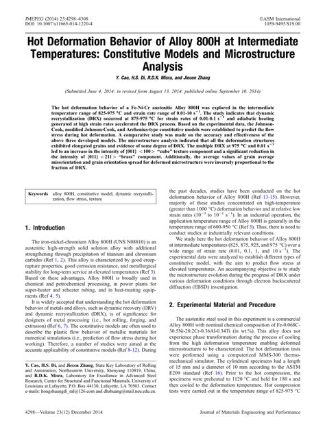 PDF Hot Deformation Behavior Of Alloy H At Intermediate Temperatures Constitutive Models