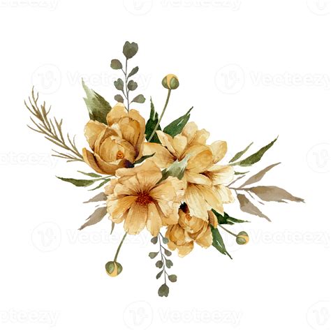 Watercolor Golden Flowers Bouquet Arrangement Illustration 20964535 Png