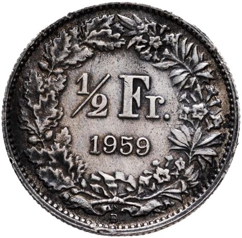 Монета Швейцария 1/2 франка (franc) 1959 стоимостью 583 руб.