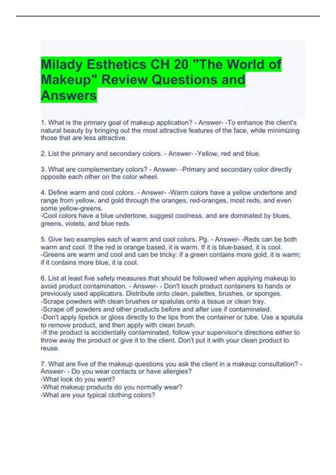 Milady Esthetics CH 20 The World Of Makeup Review Questions And Answers