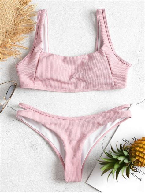 24 OFF 2020 Ribbed Square Neck Knit Bikini In PINK ZAFUL