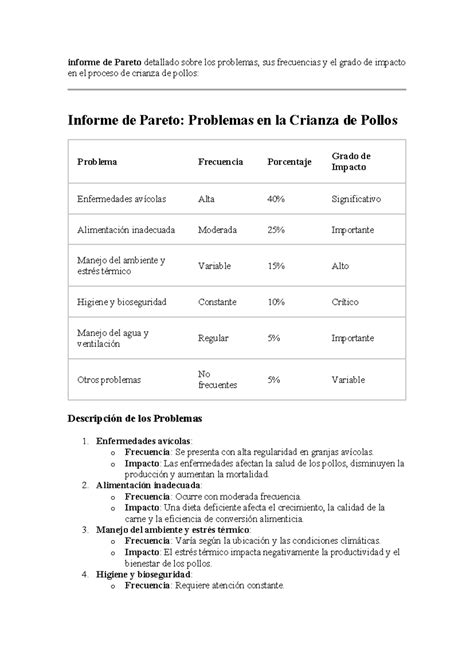Informe de Pareto detallado sobre los problemas del proceso crianza de