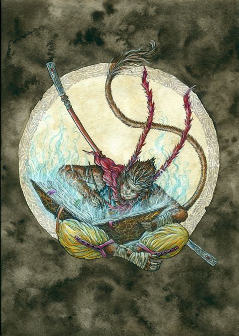 Иллюстрация Сунь Укун и книга судьбы в стиле книжная графика