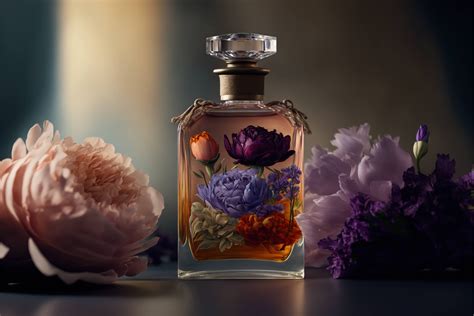 Fragrance perfume in a bottle with flowers