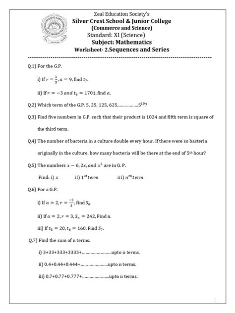 Worksheet 2sequences And Series Pdf Elementary Mathematics Numbers