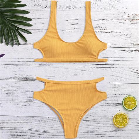 Bikini de Color liso para mujer traje de baño Sexy bañador dividido para mujer Conjunto