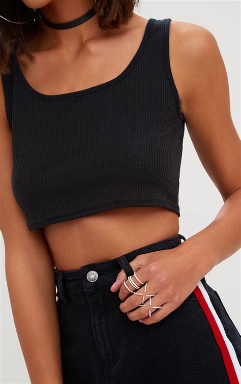 Black Ribbed Scoop Neck Crop Top Tops Prettylittlething