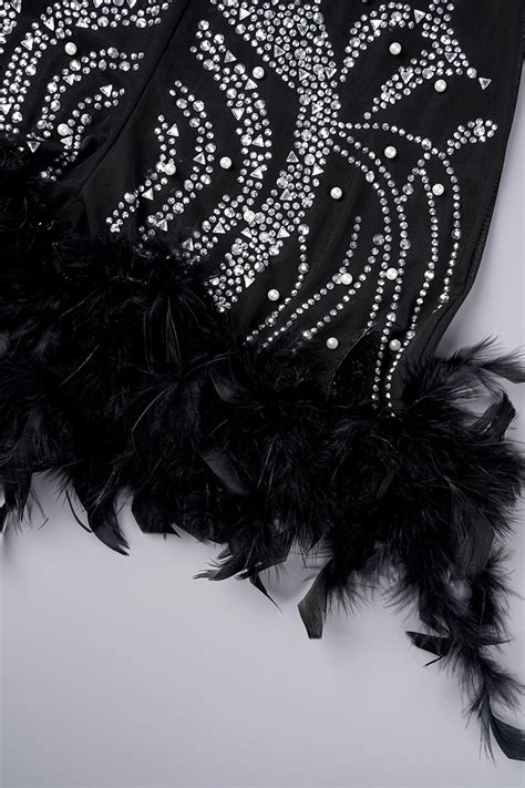 Wholesale Black Sexy Hot Drilling Patchwork See Through Feathers Beading Mesh Halter Skinny